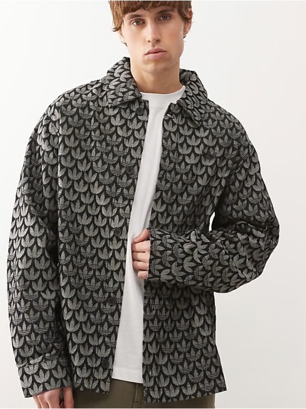 Adidas Originals Monogram Button Up Shirt Jacket XL Black Gray Jacquard Trefoil